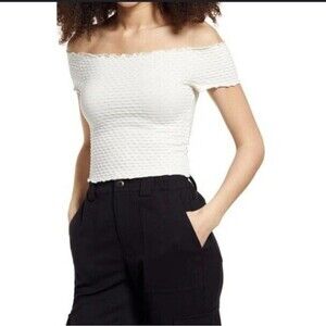 NWT BP Lettuce Hem Textured Stretch Off Shoulder Crop Top Sz M (runs small!)